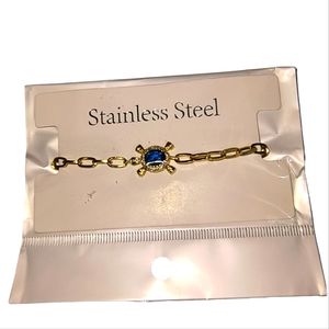 Cute Gold Tone Stainless Steel Bracelet w/ Blue Crystal Turtle